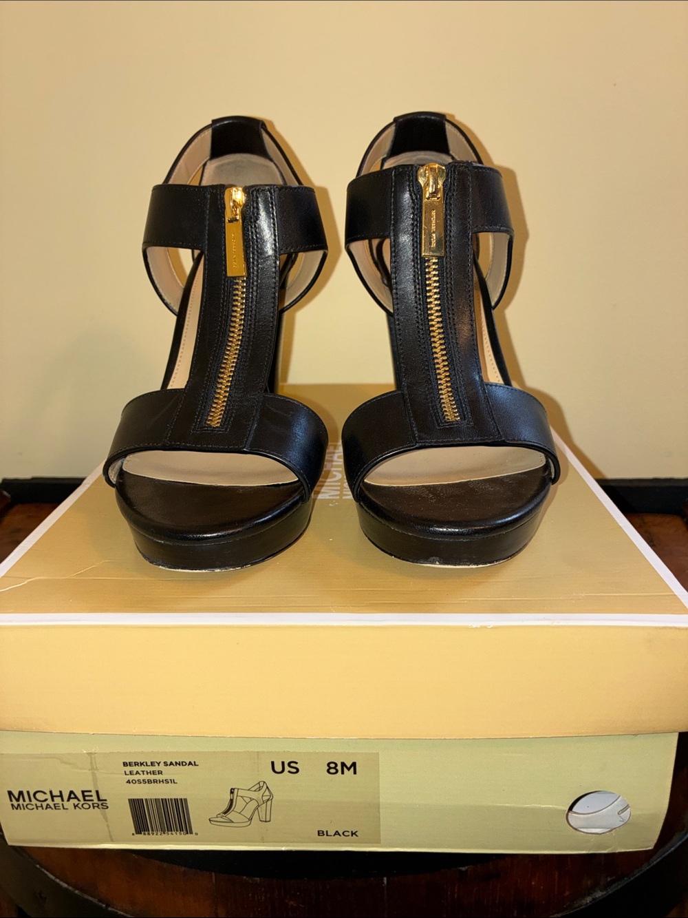Michael Kors Black Leather T-Strap Platform Sandals with Gold Zipper